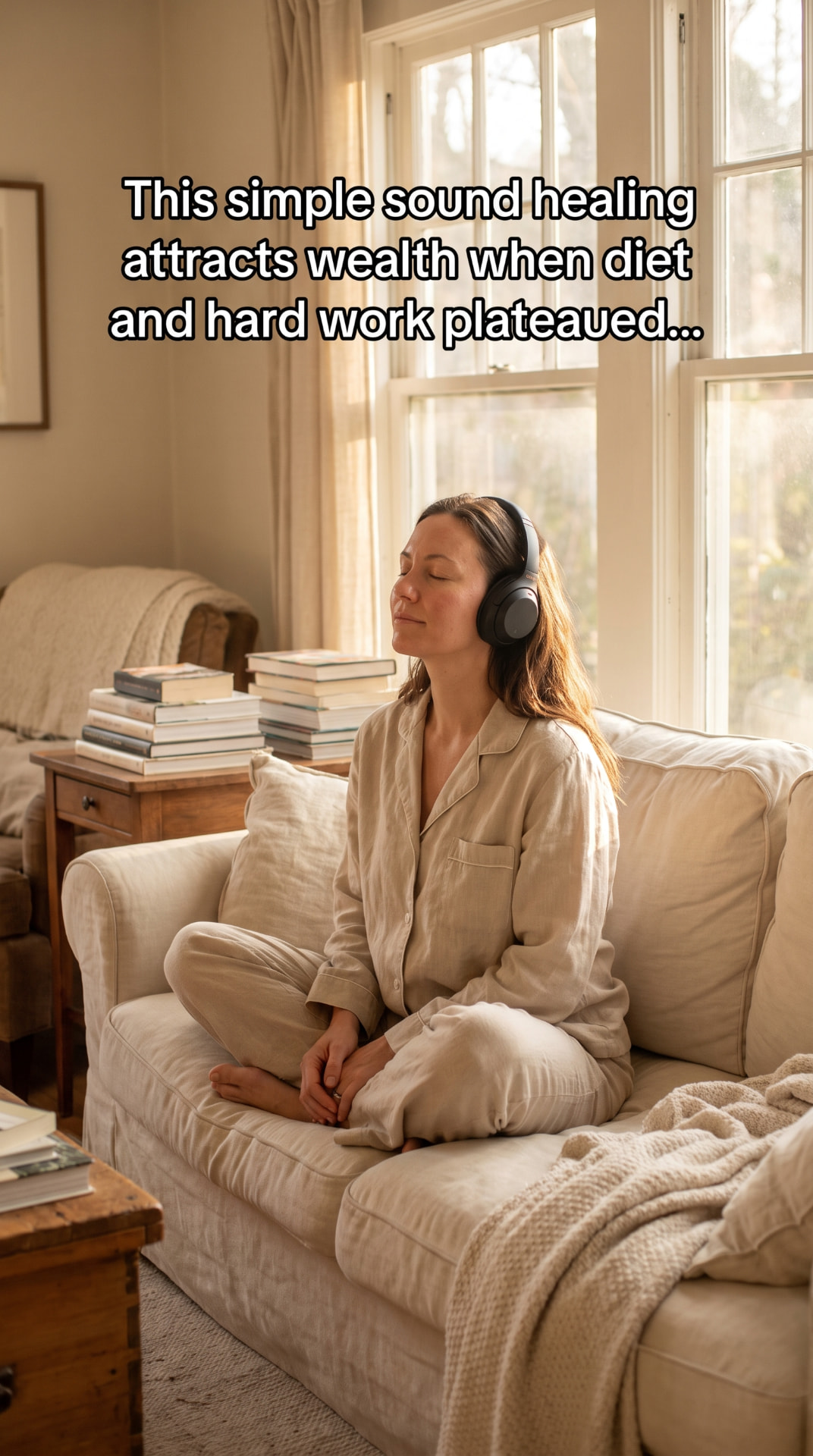 Woman listening peacefully to a sound meditation at home